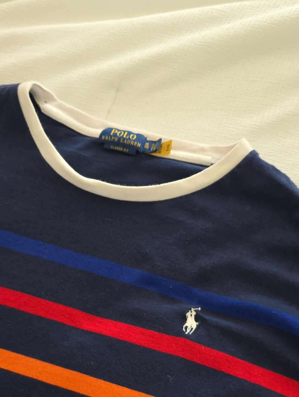 Polo by Ralph Lauren Navy Striped Crewneck Tee with Red, Orange, Yellow Accents - Picture 2 of 3